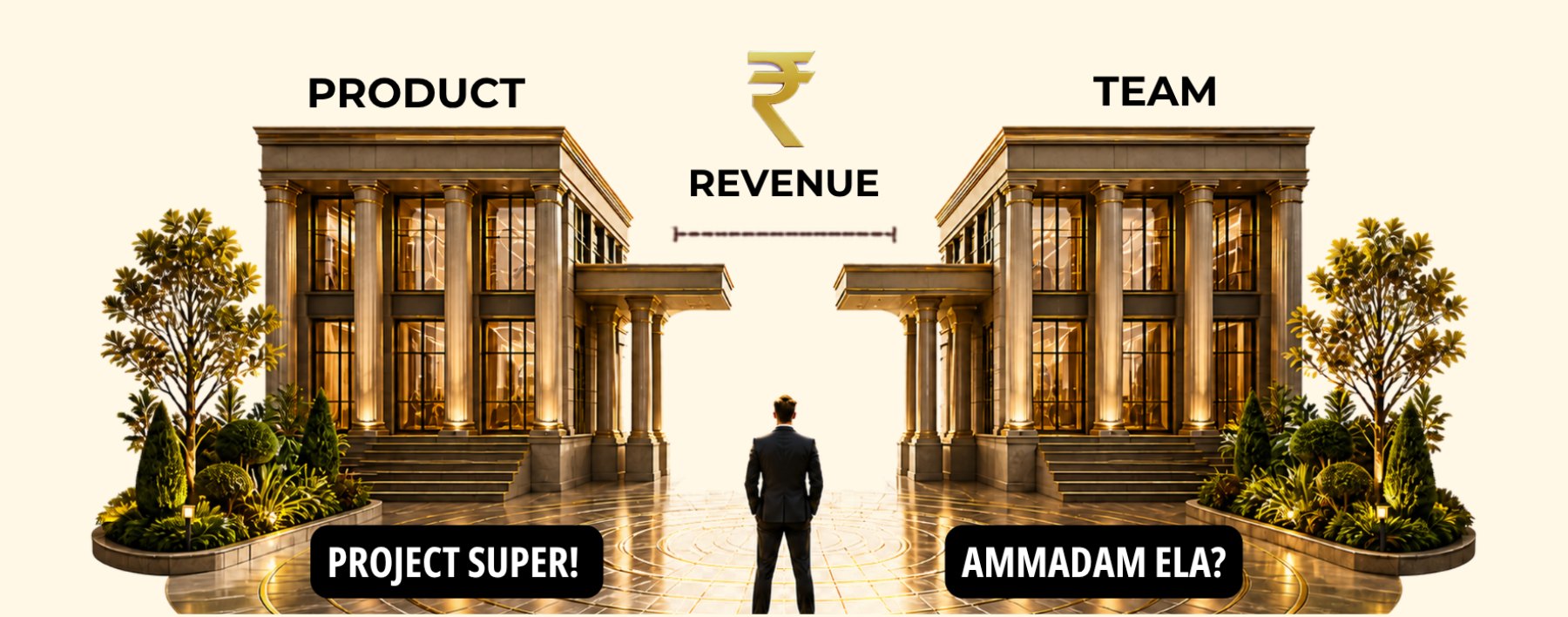 A founder standing between two buildings, Product and Team, with the gap between them marked Revenue